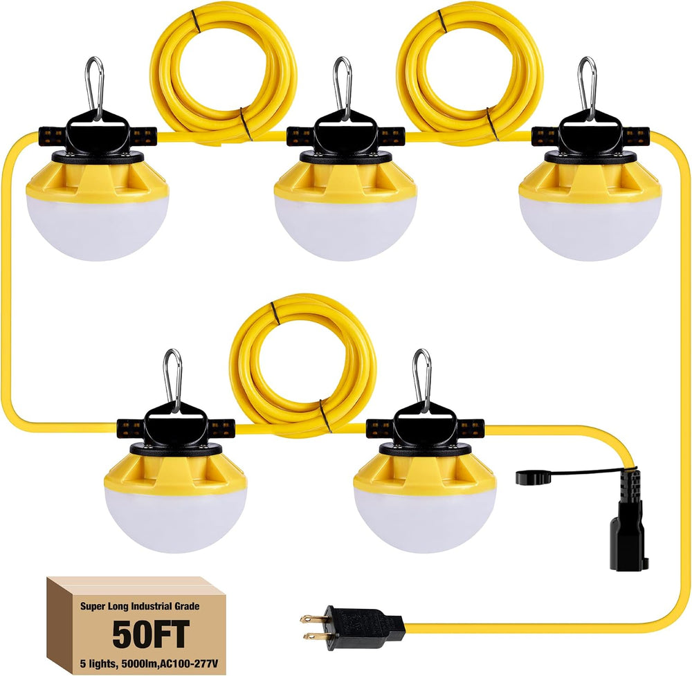 LED Construction String Light 50FT, 50W 6000Lm,18AWG Wire,5000K Linkable Stri...
