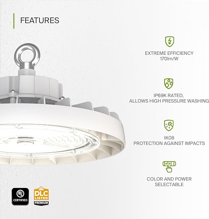 ASD LED High Bay UFO Light Fixture, Commercial Shop Lighting | 3CCT, IP69K