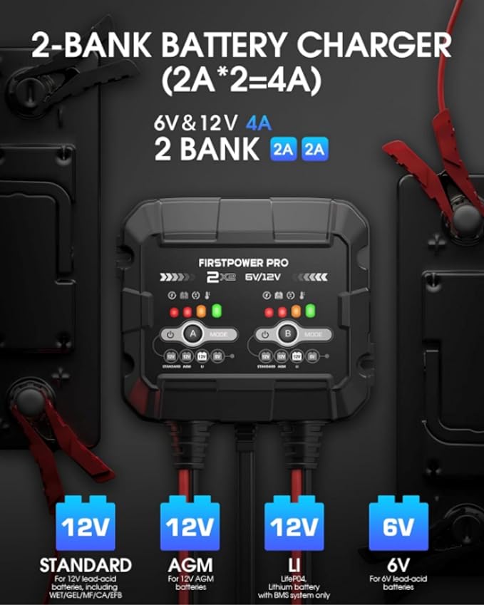 2-Bank, 4A Trickle Charger for Car Battery, 12V 6V Car Battery Charger