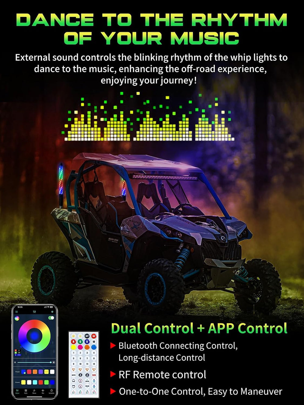 2 Pack 1FT Whip Lights with Spring Base, LED Whip Light with App & Remote...
