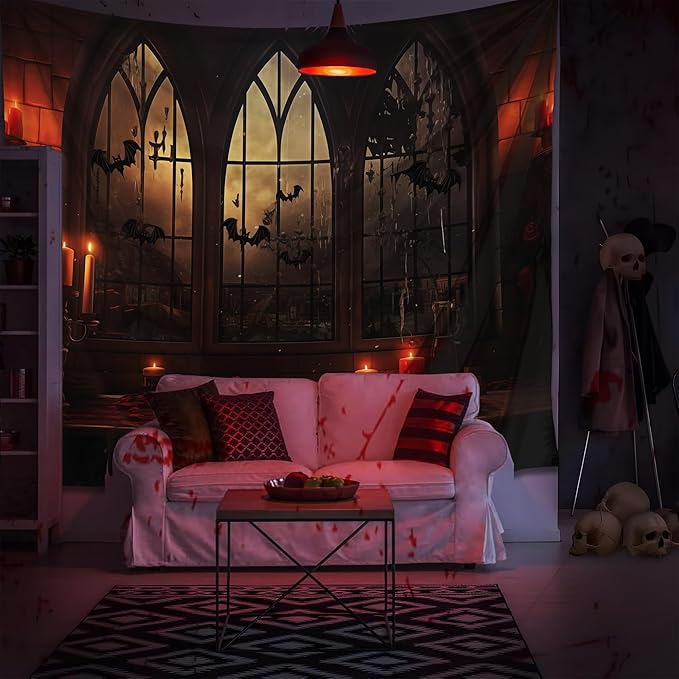 QGHOT Halloween Tapestry Wall Hanging Horror Castle Window Tapestry Gothic Sp...