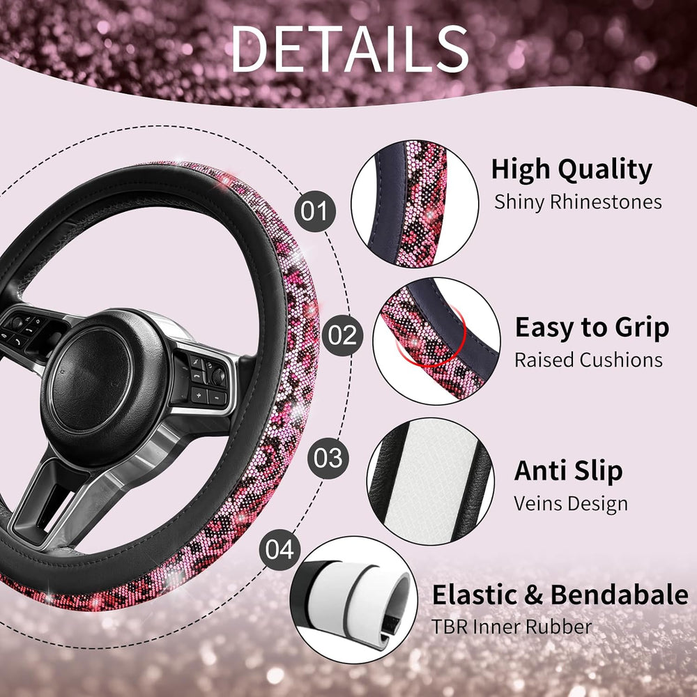 11 pcs Bling Pink Leopard Car Accessories Set for Women, Cheetah Print Steeri...