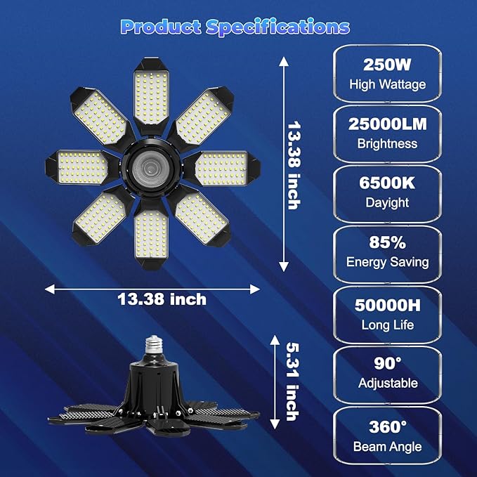 Garage Lights - Super Bright 25000LM Garage Lights Ceiling Led w/ 8 Deformable