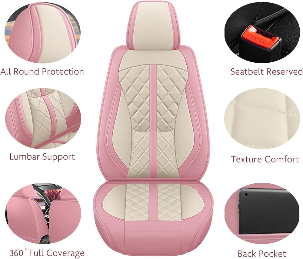otoez Pink Car Seat Covers Full Set, Universal Leather Seat Cover 5 Seat Wate...