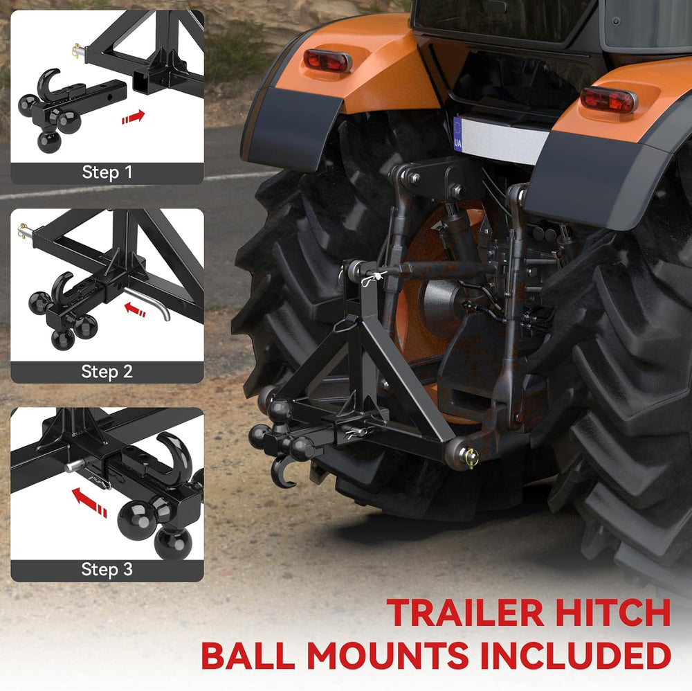 3 Point Trailer Hitch 2” Receiver for Category 1 Tractor Quick Hitch, Black