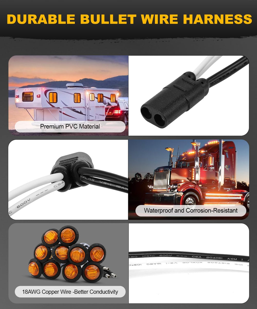 50 Pcs 3/4" Amber LED Marker Lights w/Plug + Female 2-Prong Wire