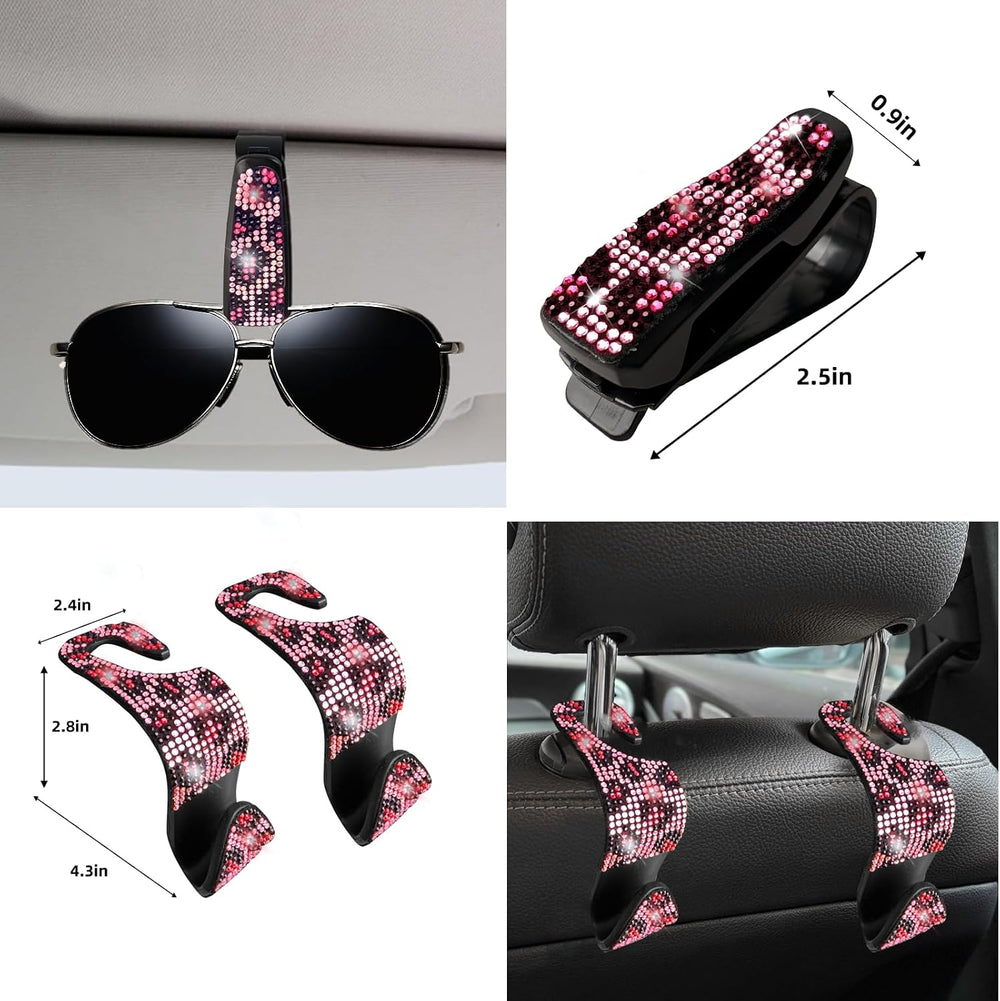 11 pcs Bling Pink Leopard Car Accessories Set for Women, Cheetah Print Steeri...