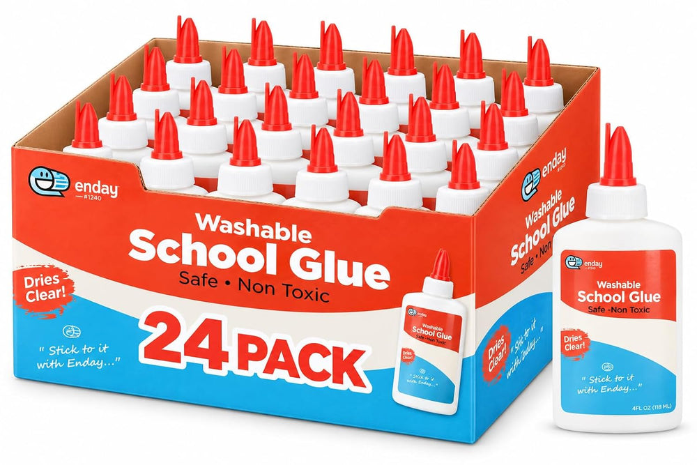 Enday Washable Liquid School Glue, White, 4 oz Bottles, Non-Toxic, 24-Pack