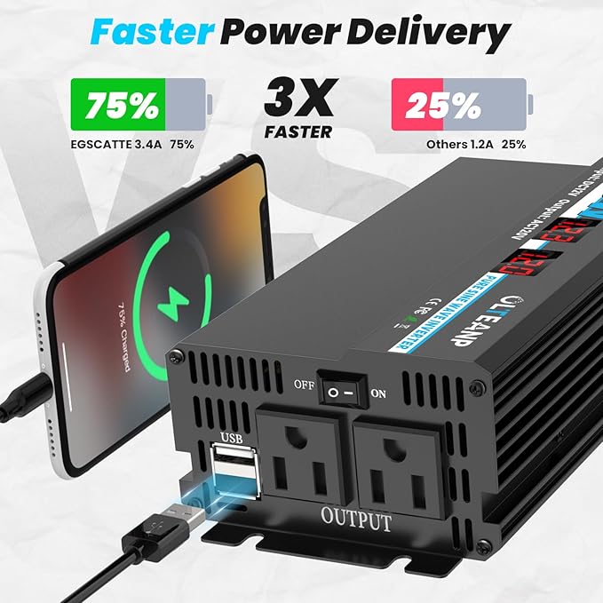 600W Power Inverter Pure Sine Wave Inverter 12V DC to 120V AC Converter