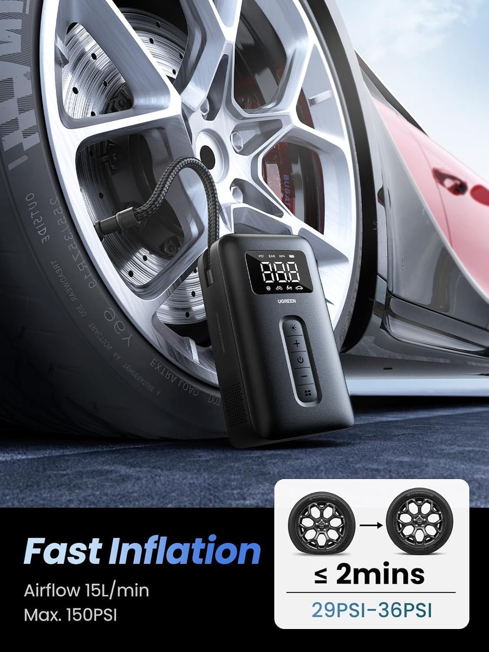 UGREEN Tire Inflator Portable Air Compressor 150PSI Air Pump with Battery LED...
