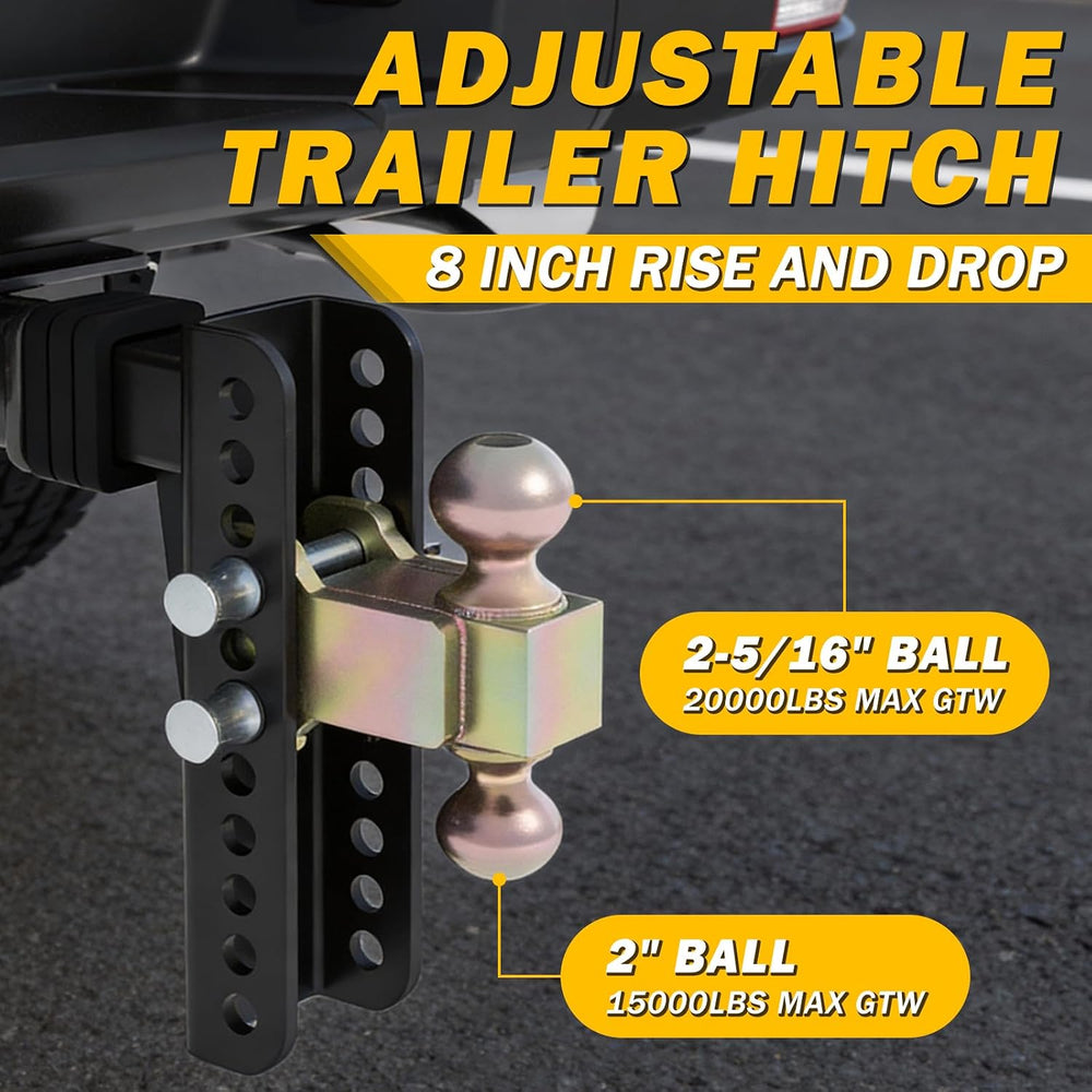 Adjustable Drawbar Trailer Hitch Fit for 2-Inch Receiver with 8" Drop/Ri...