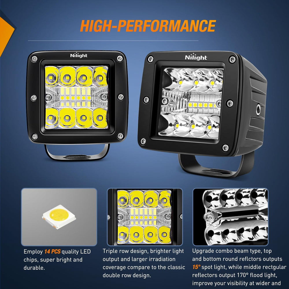 Nilight 2Pcs 3Inch 42W LED Cubes Upgraded Spot Flood Combo Square Driving Fog...
