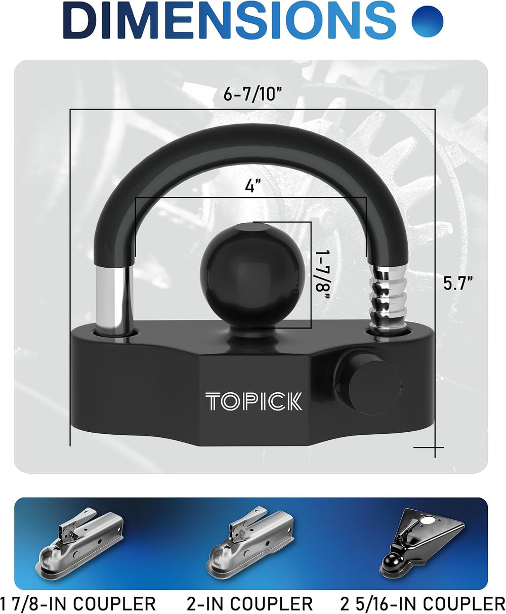 TOPICK Heavy-Duty Trailer Coupler Lock with PVC-Coated U-Bolt, Universal Fit ...
