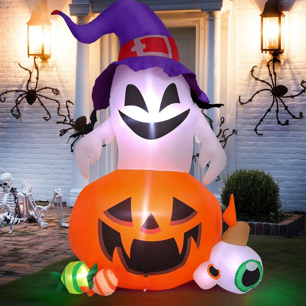 5FT Halloween Inflatable Outdoor Decoration Pumpkin Ghost with Built-in LEDs ...