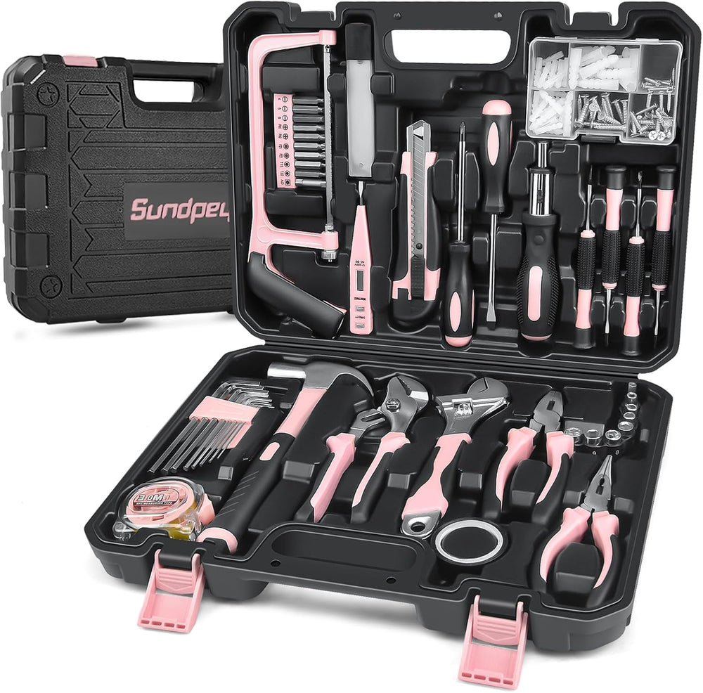 Sundpey 148 Pcs Portable Basic Hand Repair Home Tool Kit Set with Case Pink