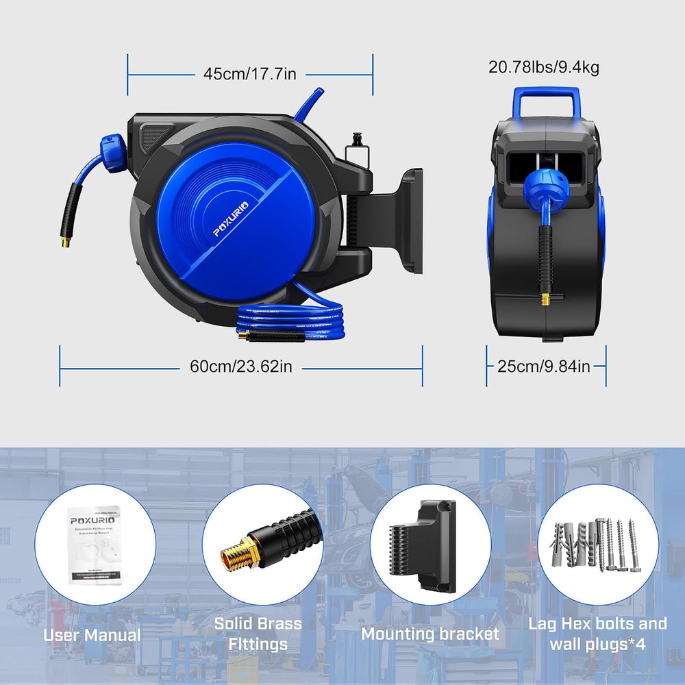 120FT+6.5FT Retractable Air Hose Reel, 5/16" Hybrid Air Hose, Air Compre...