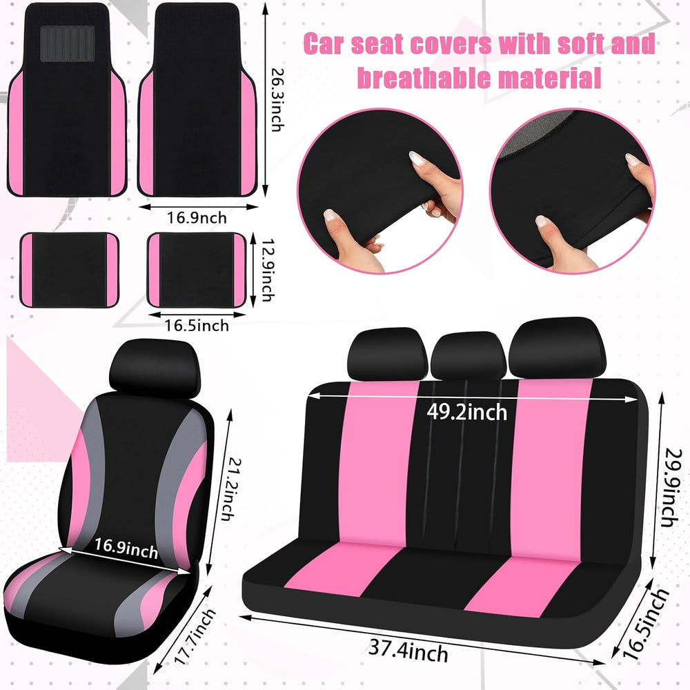 ROCEEI 47 Pcs Car Seat Cover Full Set Car Accessories, Black and Pink