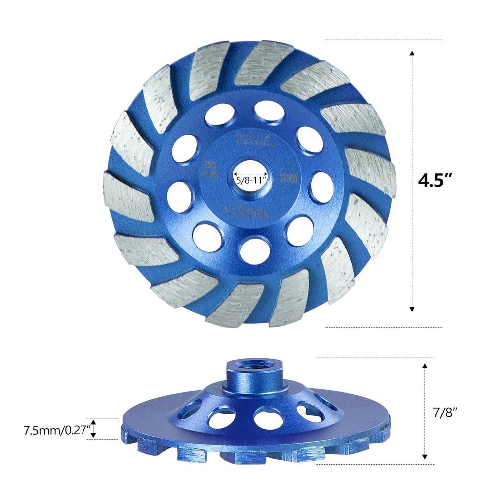 SALI 4.5 Inch 3pcs Concrete Grinding Wheels 14 Turbo Diamond Segments 5/8-11 ...
