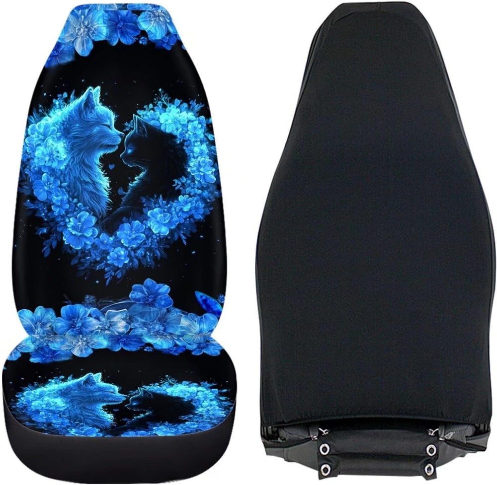 JoyLamoria Blue Cat Rose Print Front Car Seat Covers Set of 2,Universal fit f...