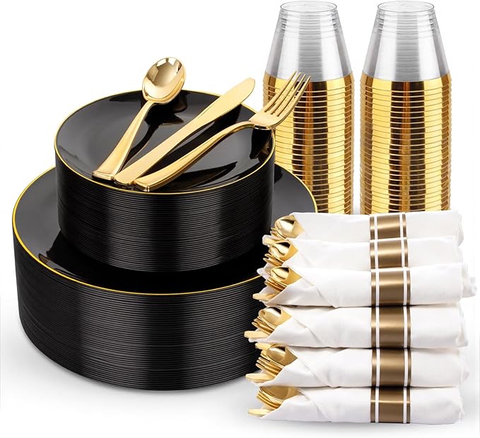 KIRE 175Pcs Black Plates Disposable - Heavy Duty Black and Gold Plastic Plate...