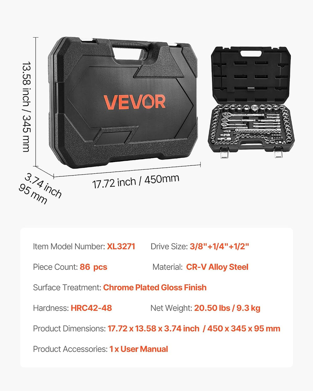 VEVOR Socket Set, 86 Pieces, 3/8 & 1/4 & 1/2 inch Drive Socket and Ra...