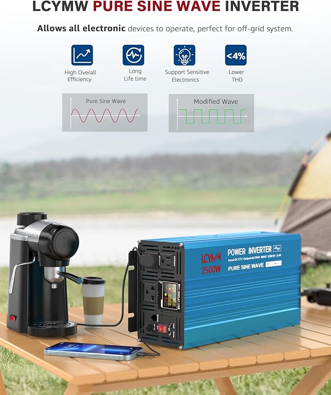 Power Inverter 2500 Watt Pure Sine Wave 12V DC to 110V/120V AC 5000W Peak