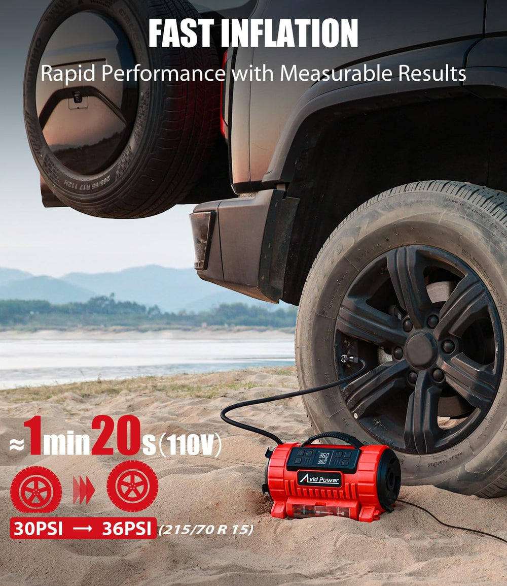 AVID POWER Portable Tire Inflator Air Compressor, 110V AC/12V DC Dual Power