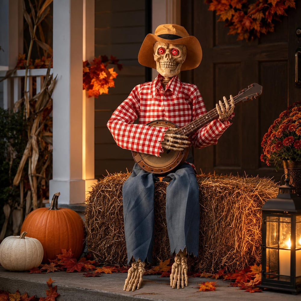 Halloween Animatronics Banjo Skeletons Decorations, Animated Skull with Sound...