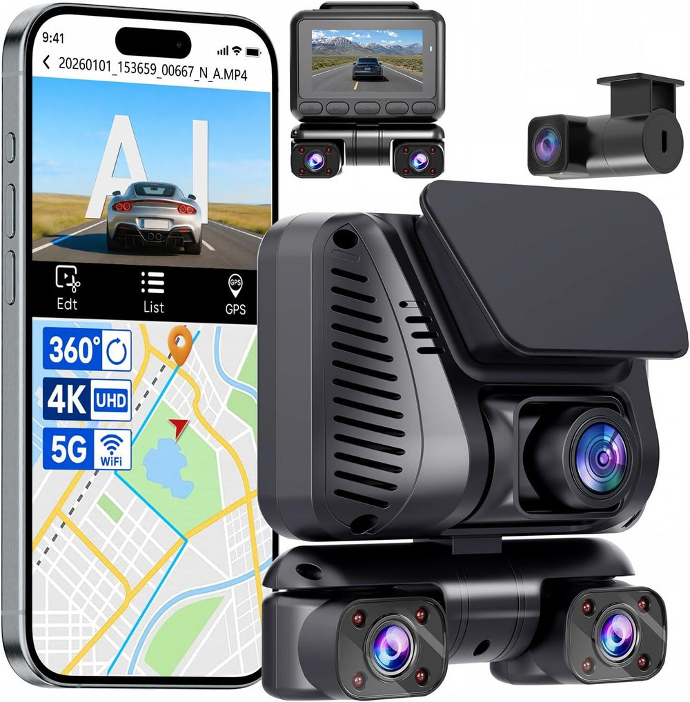 4K 4 Channel Dash Cam Front and Rear Inside Left Right, 360° View Wireless Ca...