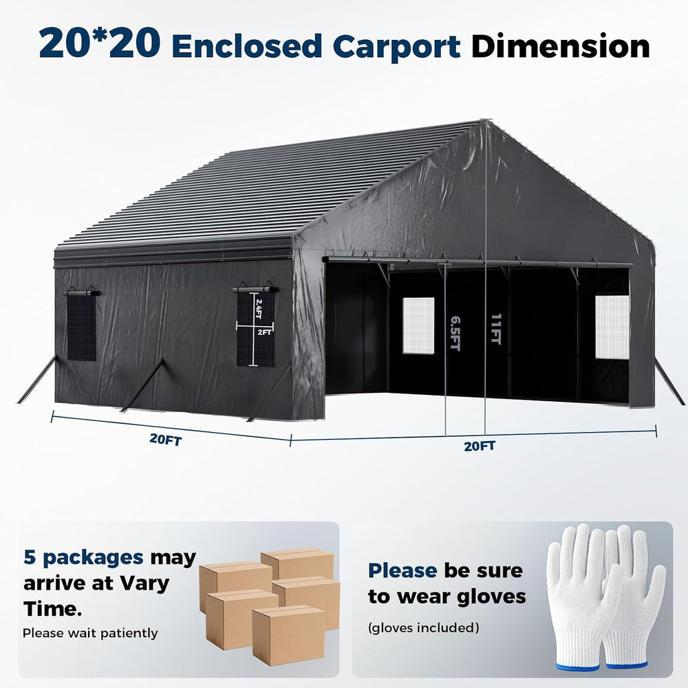20x20FT Metal Carport with Removable Sidewalls & Mesh Windows