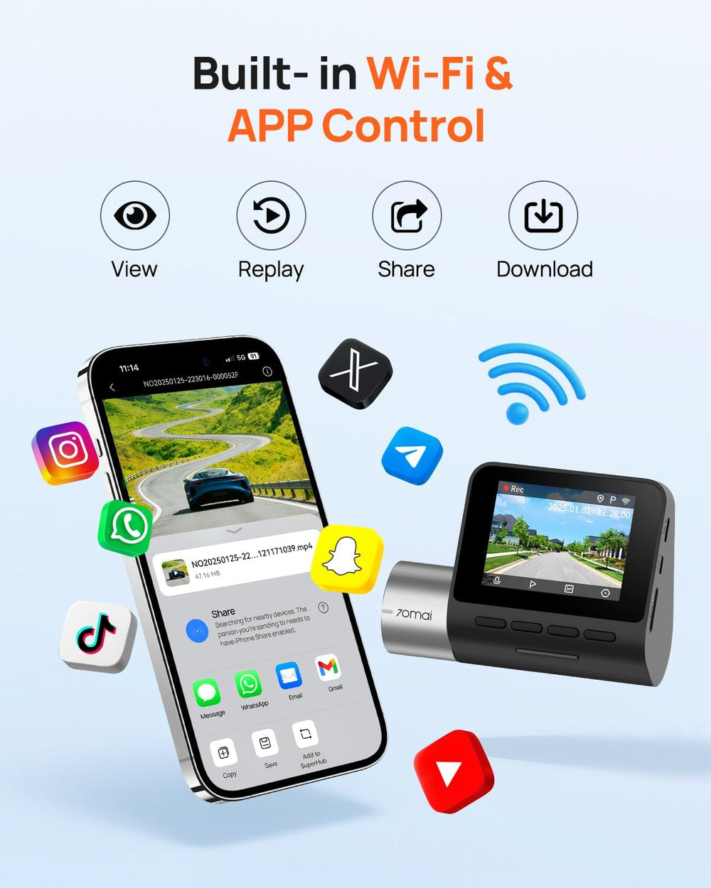 70mai 2.5K Dash Cam Front, F1.55, Night Vision, Wi-Fi GPS