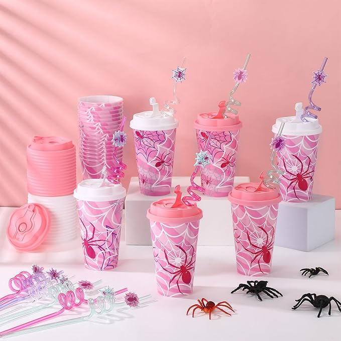 Yungyan 36 Sets Pink Spider Party Favors Goodie Cups with Lids and Straws for...