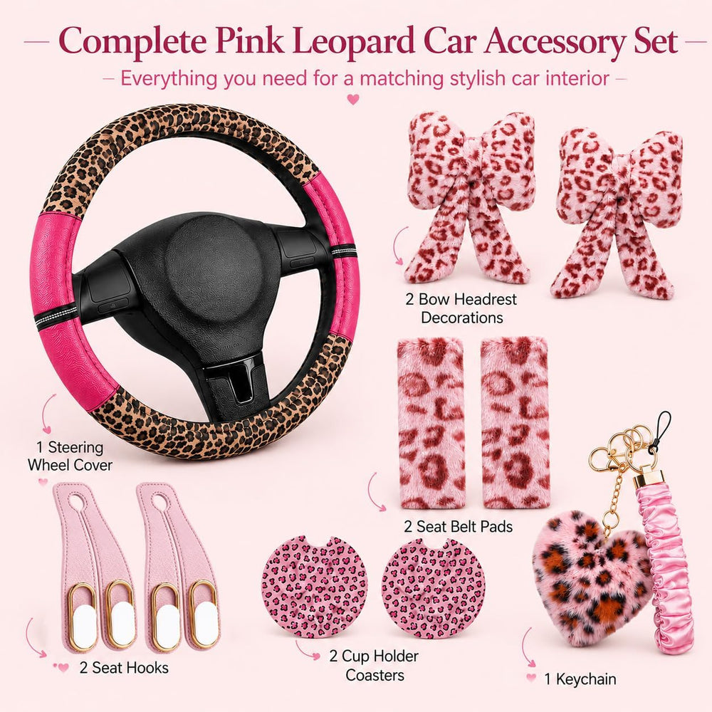10PCS Pink Leopard Print Car Accessories for Women, Cute Cheetah Print Set wi...