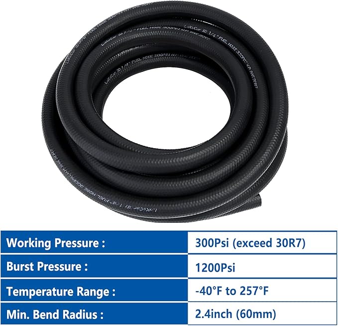LokoCar Rubber Fuel Hose Line Push Lock 1/4" ID SAE 30R7 NBR 25ft 300PSI...