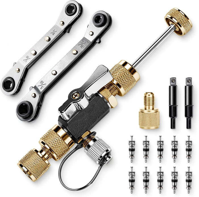 HVAC Valve Core Removal Tool,HVAC Service Wrench Set with Hex Bit Adapters,Dual Size SAE 1/4 to 5/16 Port, 5/16'', 3/8'' Refrigeration Service Wrench,10 Valve Core,20 Microns Vacuum