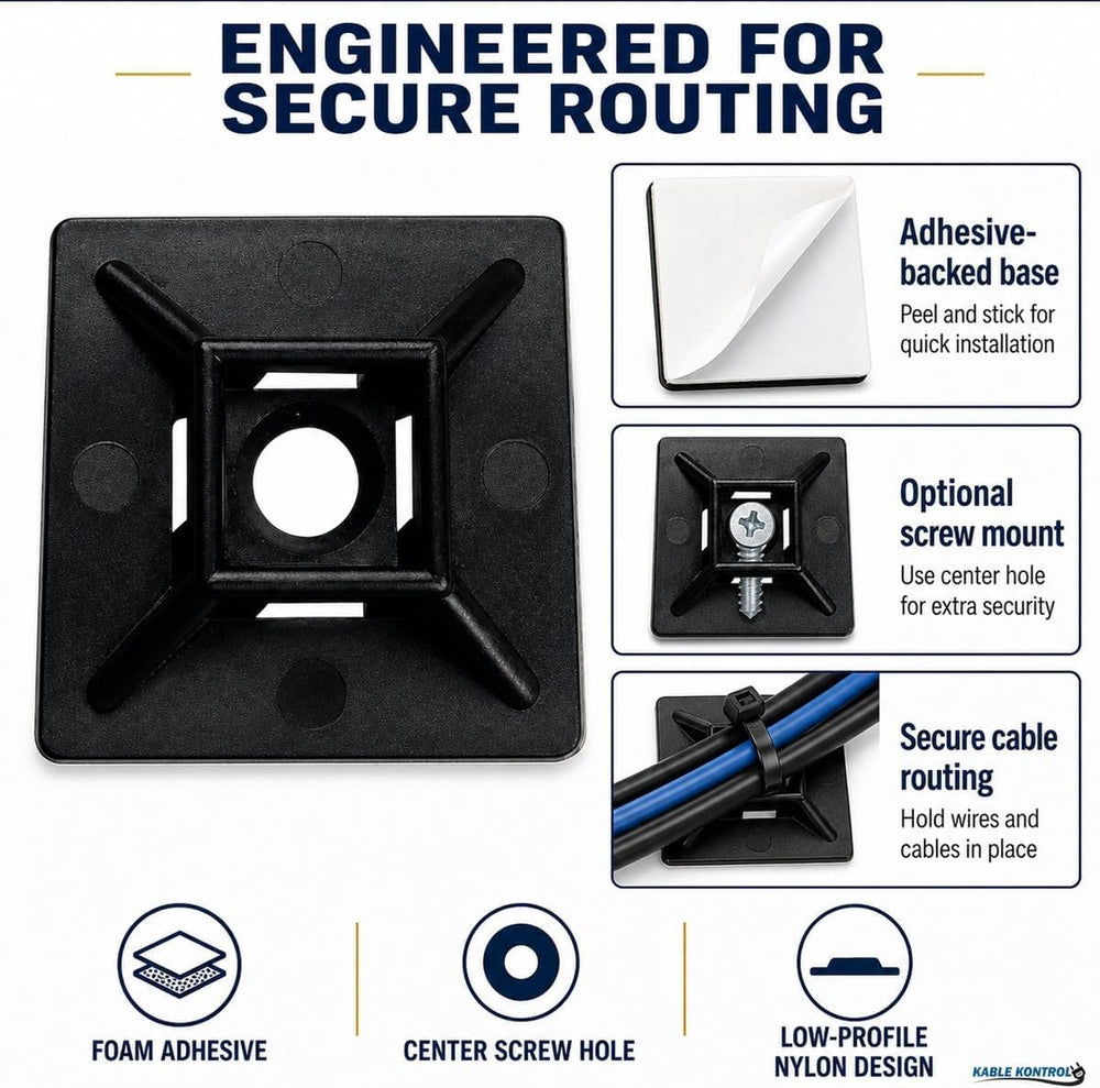 Kable Kontrol Zip Tie Mounts, 1” Black, 5500 Pcs Adhesive Backed