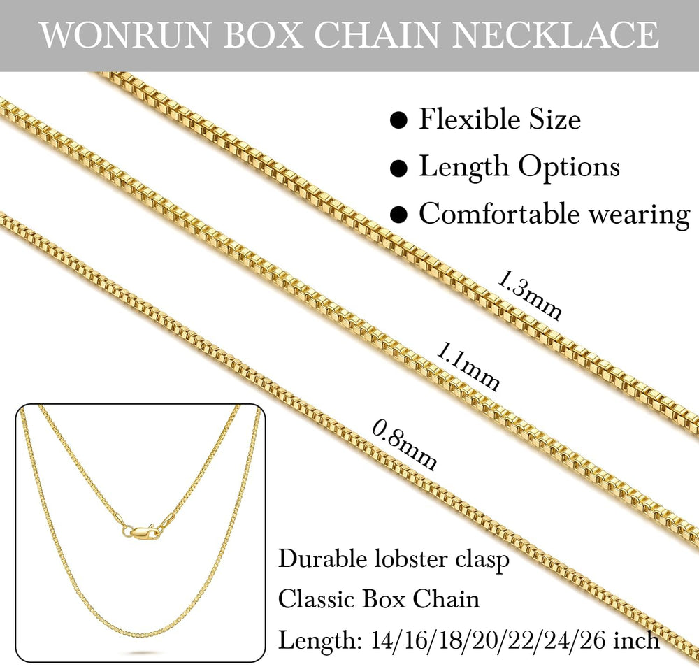 14K Gold Necklaces for Women Men 0.8/1.1/1.3mm Box Chain Necklace