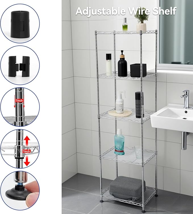 Chrome Small 5 Tiers Wire Shelving NSF Certified. Adjustable Storage Rack