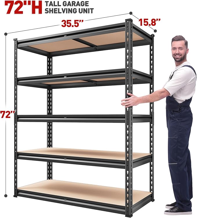 REIBII 2000LBS Garage Shelving Heavy Duty 72''H Storage Shelves 5 Tie...
