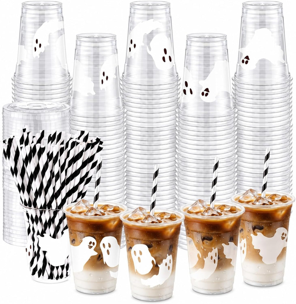Jingmore 50 Set Halloween Ghost Lattes Plastic Cup 16 oz with Lid and Straw