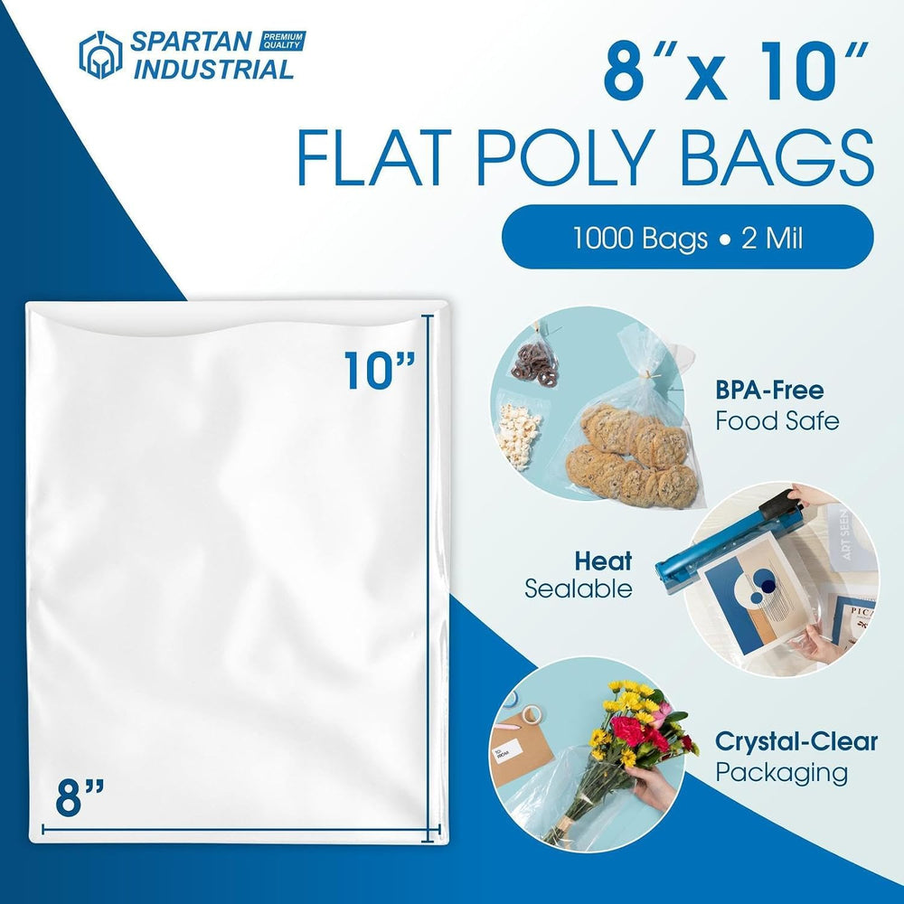 8" X 10" Open-End Flat Poly Bags (1000 Count) - 2 Mil Clear Plastic...