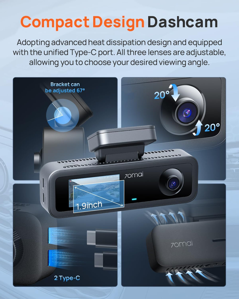 70mai 4K Dash Cam Front and Rear Inside, 3 Channel Car Dash Camera for Cars, ...