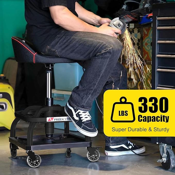 Rolling Shop Stool with Wheels, Garage Work Mechanic Stool with Backrest