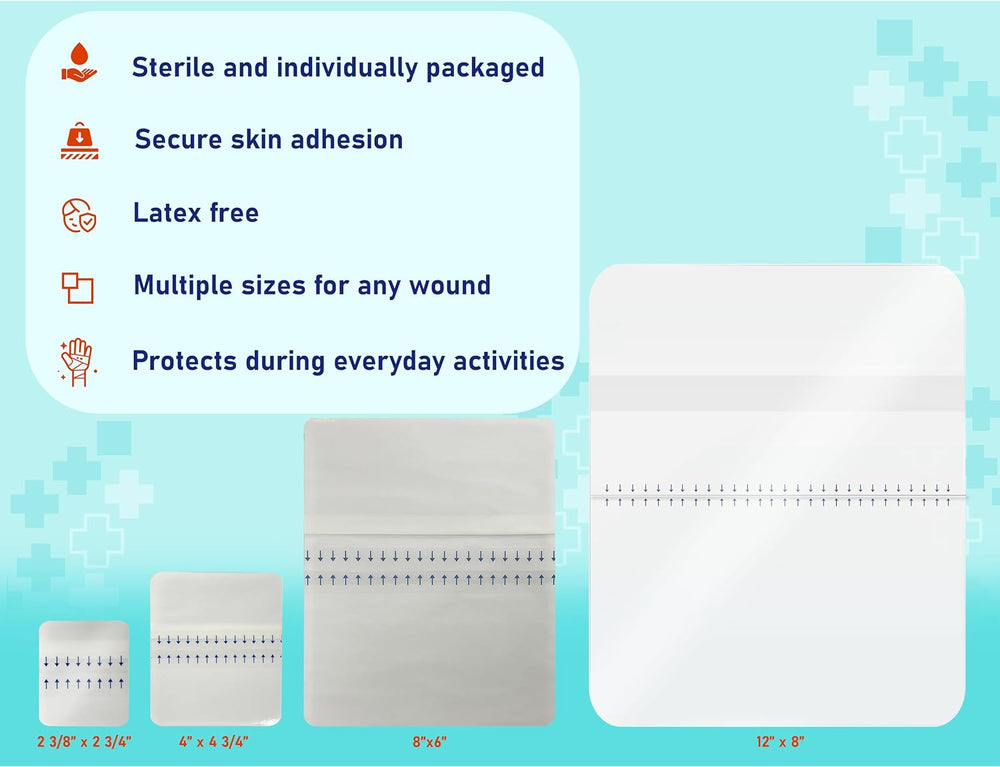 Areza Transparent Adhesive Film Dressing, 4" x 4.37”, 100 Packs, Waterpr...