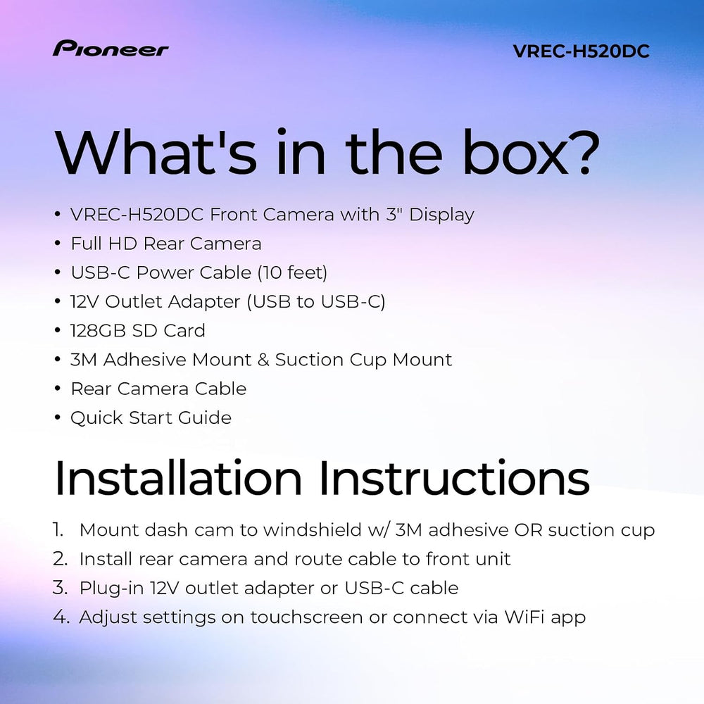 Pioneer VREC-H520DC Large Screen Dual Dash Cam Front and Rear Car Camera