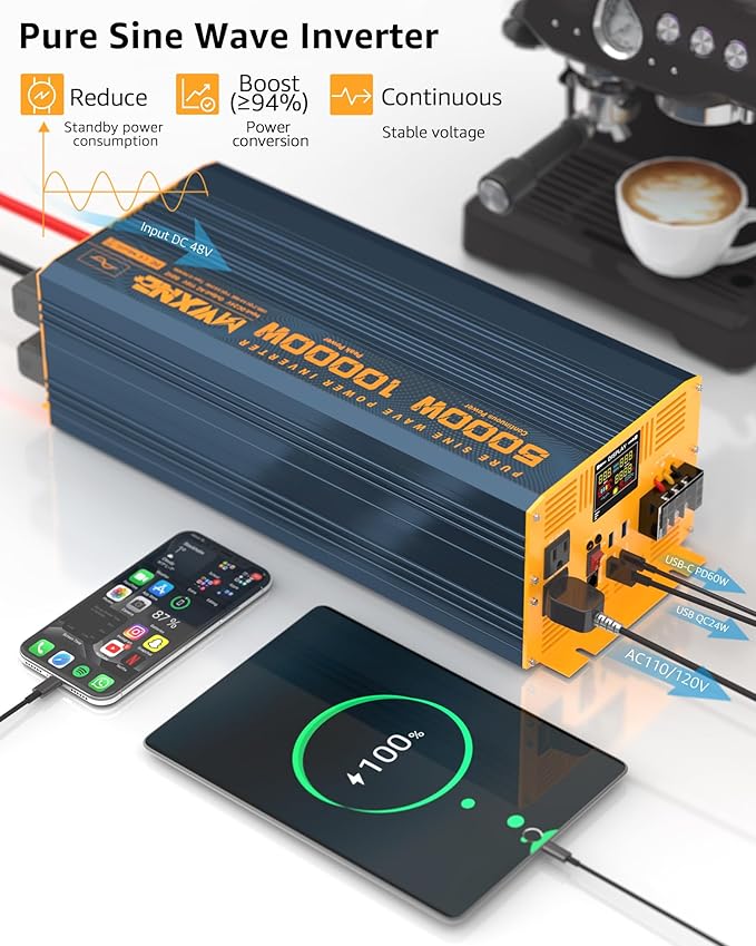 5000 Watt Power Inverter Pure Sine Wave 48V DC to 110V 120V 10000W Peak Heavy