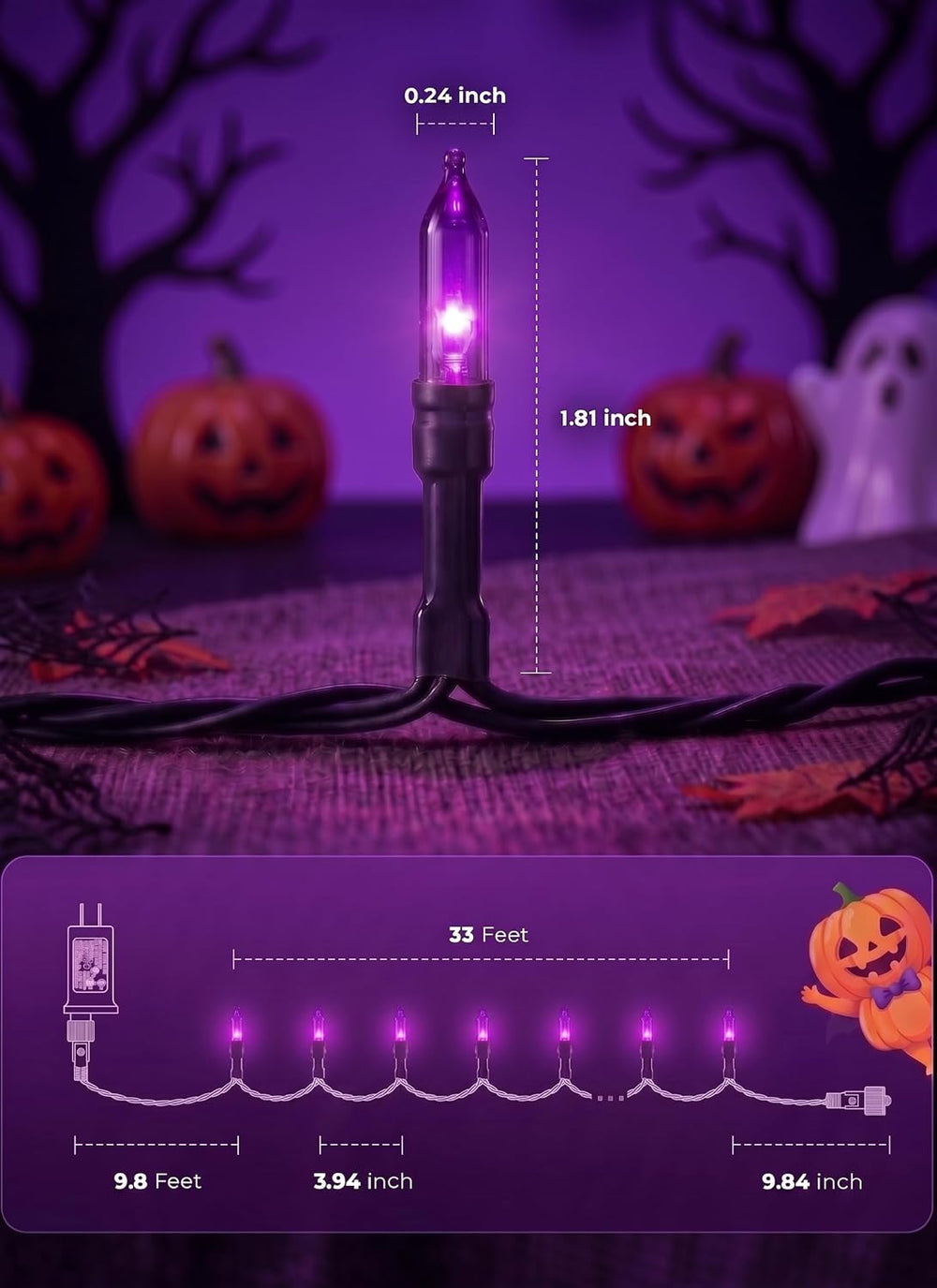 2Pack Orange & Purple Outdoor Halloween Lights,39Ft 100LED Christmas Lights