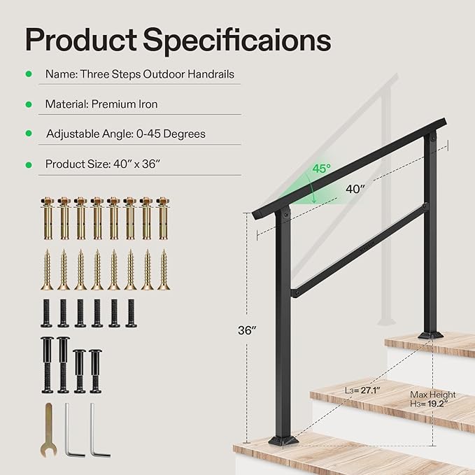 VIVOSUN Outdoor Handrail, 3 Step Stair Handrail, Wrought Mattle Iron Handrail