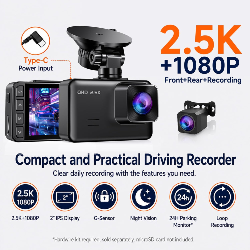 Dash Cam Front and Rear, 2.5K+1080P Dual Camera for Cars, 2" IPS Screen