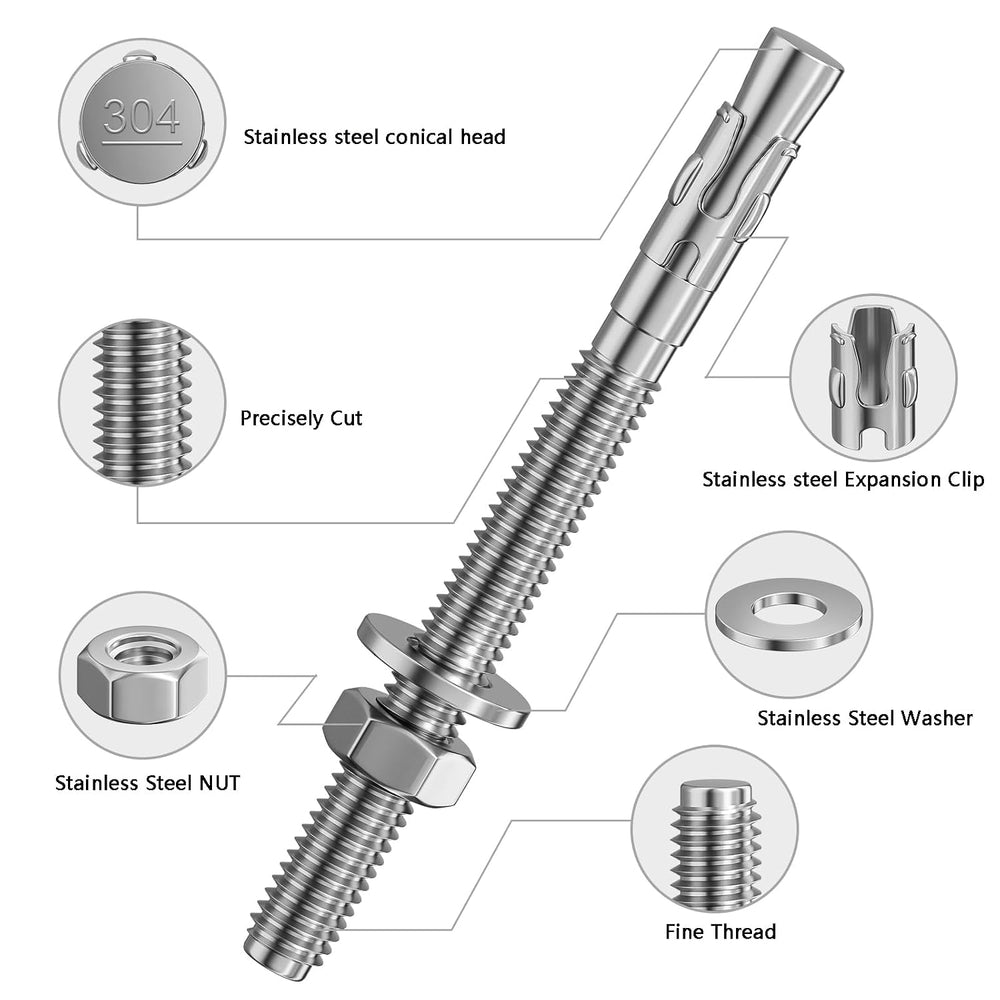 Wensilon 5Pcs 5/8x7 Inch Standard Fasteners for Heavy-Duty 304 Stainless Stee...